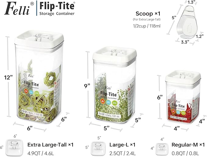 Felli Flip Tite Acrylic Food Storage Container with Lid 6??XL Air Tight Ring Seal Flip Top, Plastic Kitchen Baking Canister for 5 lb Flour Protein Powder Pantry Organizer (Nest-L, White) With Scoop