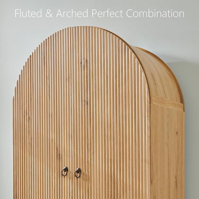 Fluted Arched Pantry Cabinet, 71" Tall Kitchen Storage Pantry Cabinet with Adjustable Shelves and 2 Large Drawers, Freestanding Morden Versatile Cupboard for Living Room, Bathroom, Natrual