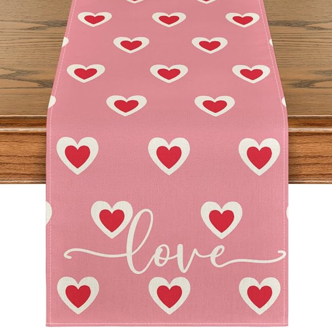Artoid Mode Pink Love Hearts Valentine's Table Runner, Wedding Kitchen Dining Table Decoration for Home Party Decor 13x72 Inch