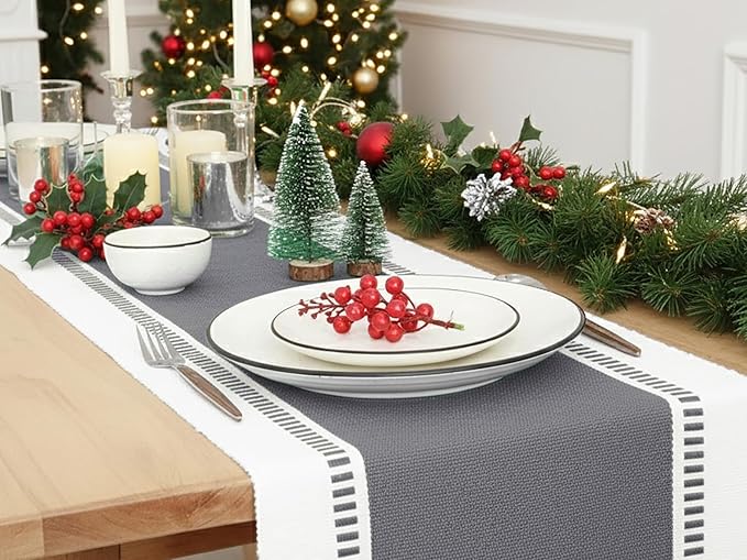 PurpleEssences Table Runner - Wide with Dobby Stripe, Heavy Ribbed Weave & Double Knot Fringes, 14x72 Inch (14x77.5 with Fringes) Farmhouse Decor -Christmas Holiday Winter - Mineral Gray and H.White