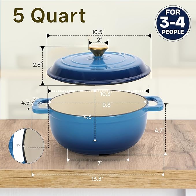 Dutch Oven Pot with Lid, 5 Quart Enameled Cast Iron Dutch Oven, Dual Handles, Kitchen Pots Oven Safe up to 500째F, Stovetop Compatible, Marinate, Cook, Bread Baking, Refrigerate & Serve, Blue