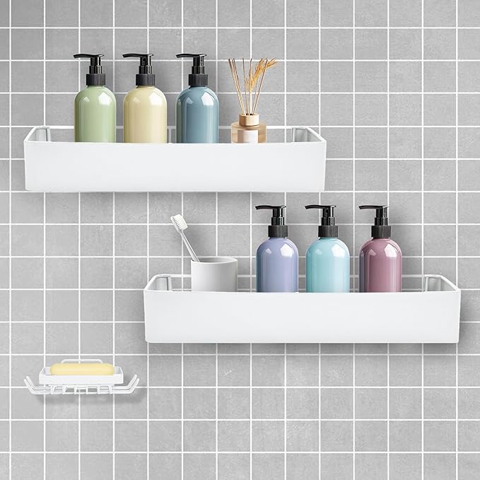 Premium Shower Caddy, 3 Pack White, Rustproof Stainless Steel, 25 lbs Capacity, No Drill Installation