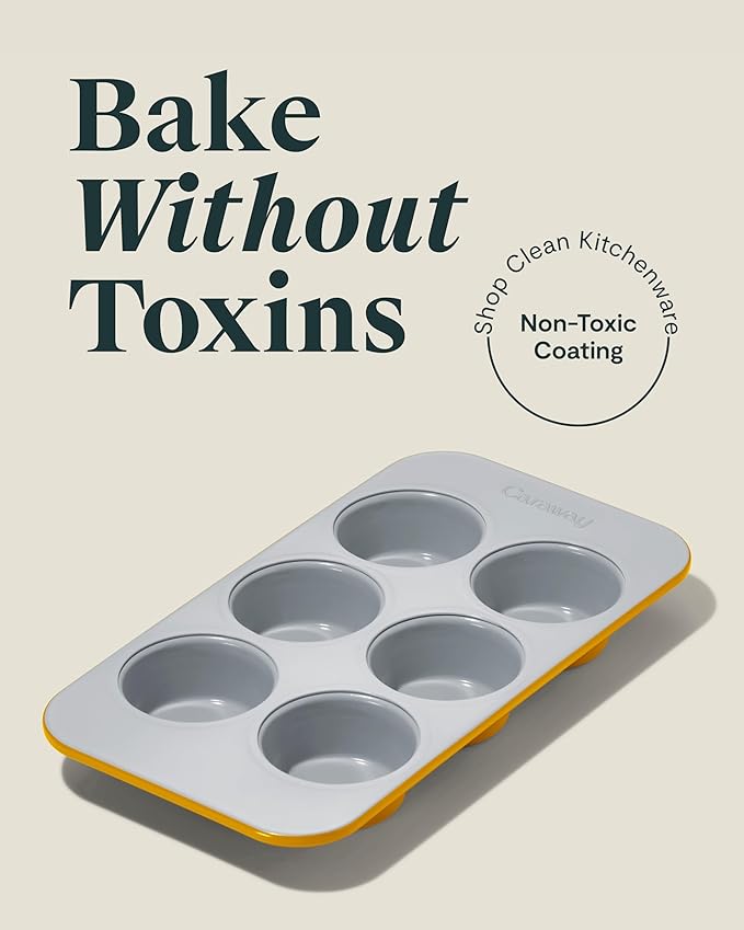 Caraway Nonstick Ceramic 6 Cup Muffin Pan Duo ??Non-Toxic, PTFE & PFOA Free ??Oven Safe ??Aluminized Steel Core ??Small Muffin Pan for Baking Cupcakes, Muffins & More - Marigold
