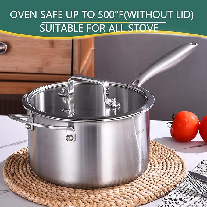 DELARLO Tri-Ply Stainless Steel Saucepan, 3.5 QT Saucepan with Lid, All Stove Compatible 600?? Induction Sauce Pot, Heavy Duty Saucier, Dishwasher Safe Saucepan, Induction Pot 3.5 Quart, Even Heat