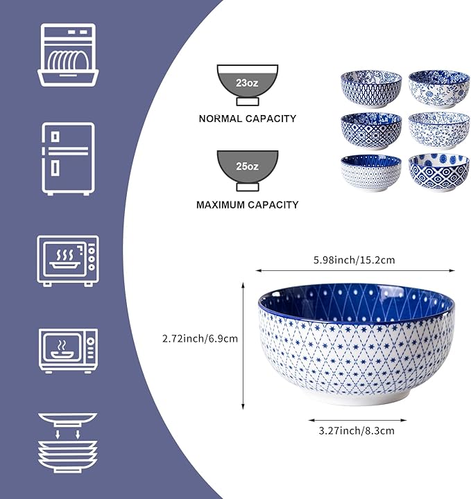 Cerkik Ceramic Soup Bowls Set - 23 Oz Deep Cereal Bowl for kitchen - 6 Inch Porcelain Salad Bowl for Pasta, Dessert, Ramen - Microwave Dishwasher Safe - Set of 6 - Vintage Blue