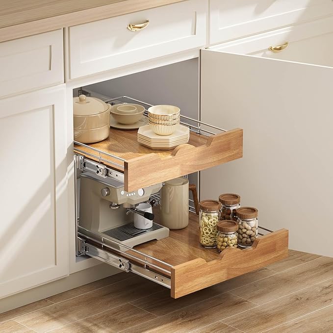 OCG Pull Out Cabinet Organizer 17" W x 21" D, 2 Tier Slide Out Shelf, Heavy-Duty Pull Out Drawer for Cabinets, Base Cabinet Organization for Kitchen, Pantry, Bathroom