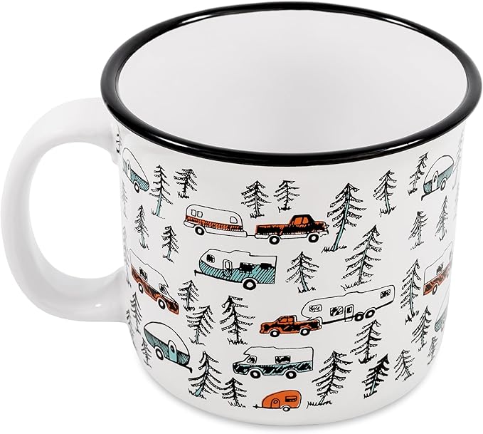 Camco Life is Better at The Campsite Ceramic Coffee Mug - Microwave and Dishwasher Safe - Features Sketched RVs Design - Coffee Cup Holds 14oz. (53383)