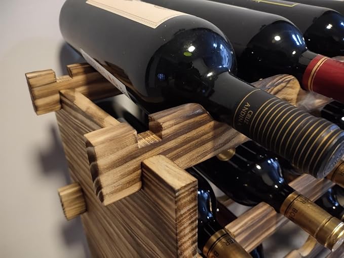 32-Bottle 4-Tier Stackable Wine Rack ??Freestanding Carbonized Pine Organizer for Home Bar, Kitchen, Countertop, Modular DIY Design
