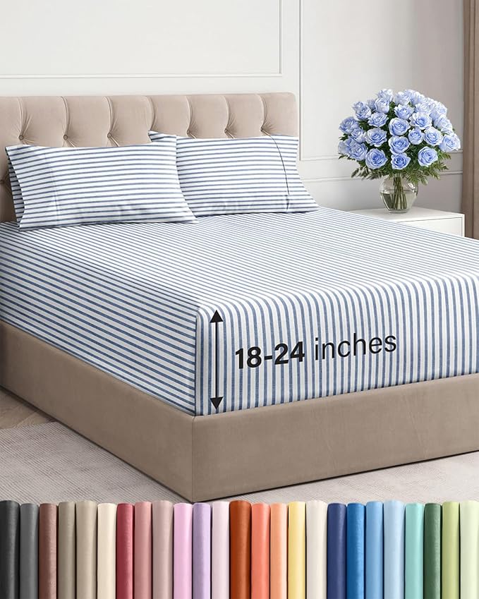 Extra Deep Pocket King Sheets - 4 Piece Breathable & Cooling Bed Sheets - Hotel Luxury Bed Sheet Set - Soft, Wrinkle Free & Comfy - Easily Fits Extra Deep Mattresses - Deep Pocket Blue Striped Sheets