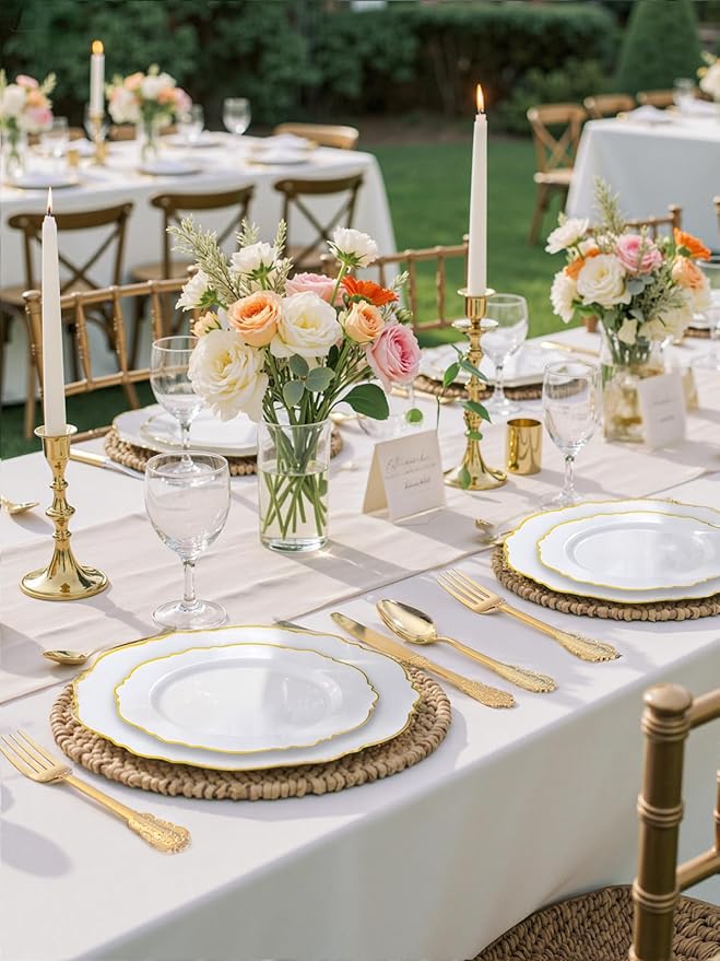 WDF 60pcs Gold Plastic Dinner Plates -10.25inch Baroque White and Gold Plates Fancy Heavy Duty Plastic Plates for Upscale Valentine's Day & Wedding & Birthday