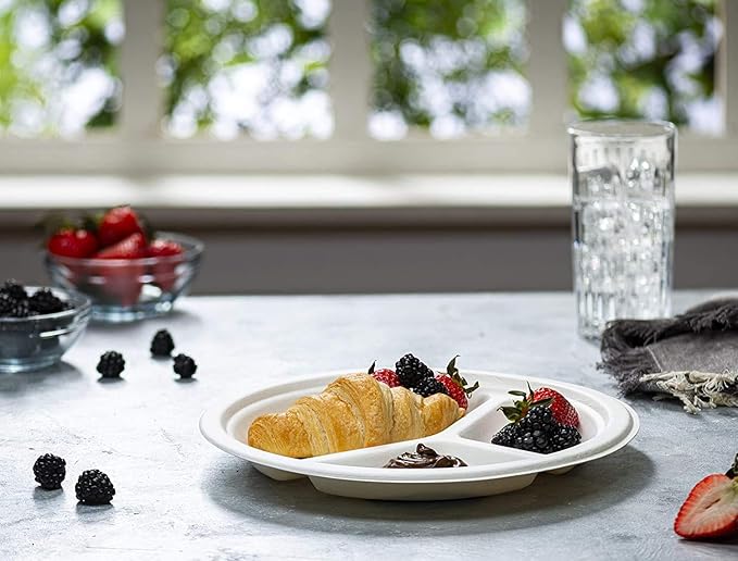 GUSTO [9 Inch -125 Pack 3 Compartment Heavy-Duty White Paper Plates, 100% Compostable & Biodegradable (Formerly Comfy Package)