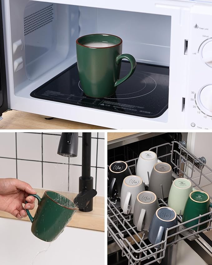 famiware Venus Coffee Mugs for 6, 14 oz Mug Set, Dringking Cup with Handle for Coffee, Tea, Cocoa, Milk, Dark Green
