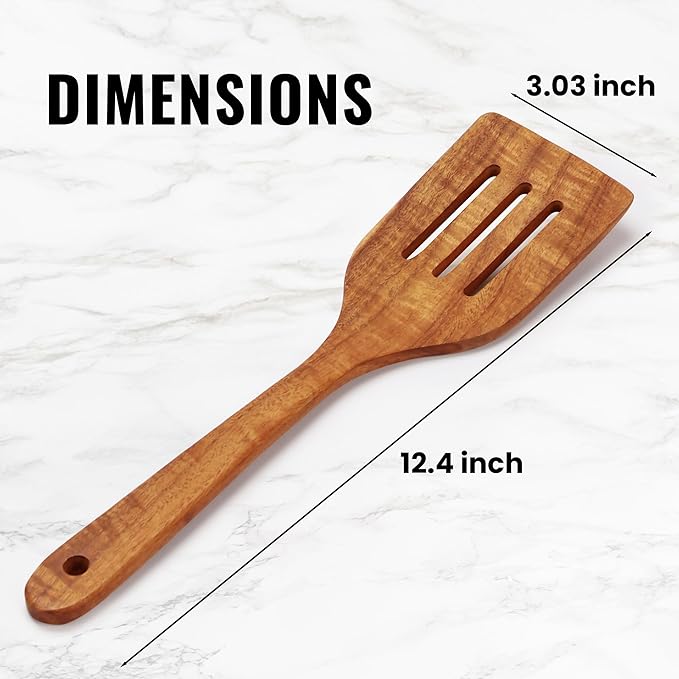 Zulay Kitchen Teak Wood Slotted Spatula ??Durable & Heat-Resistant Cooking Utensil for Non-Stick Pans ??Wooden Turner for Stirring, Flipping & Serving - Brown