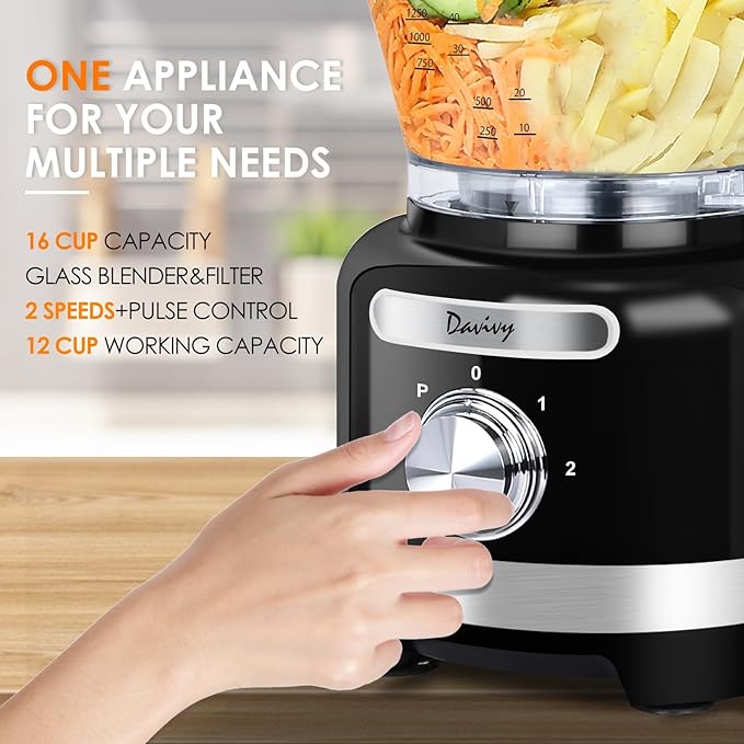 Davivy 16 Cup Food Processor & Blender Combo ??10-in-1 Multifunction 3.8L Processor with 6 Cup (50oz) Glass Blender, 2 Speeds + Pulse, Vegetable Chopper & Meat Grinder for Home Use, Black