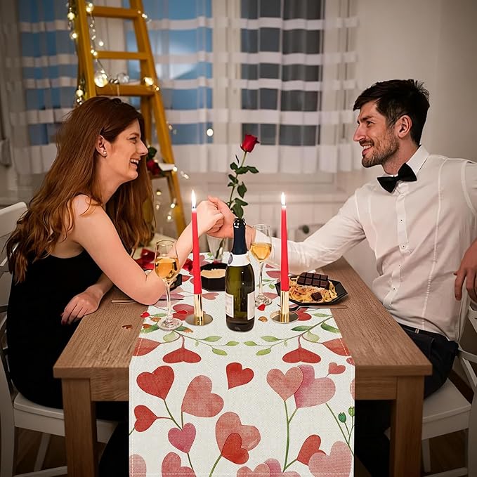 Valentines Day Table Runner 13x48 Inch, Floral Love Hearts Valentine Table Runner, Anniversary Home Kitchen Dining Table Holiday Party Decorations