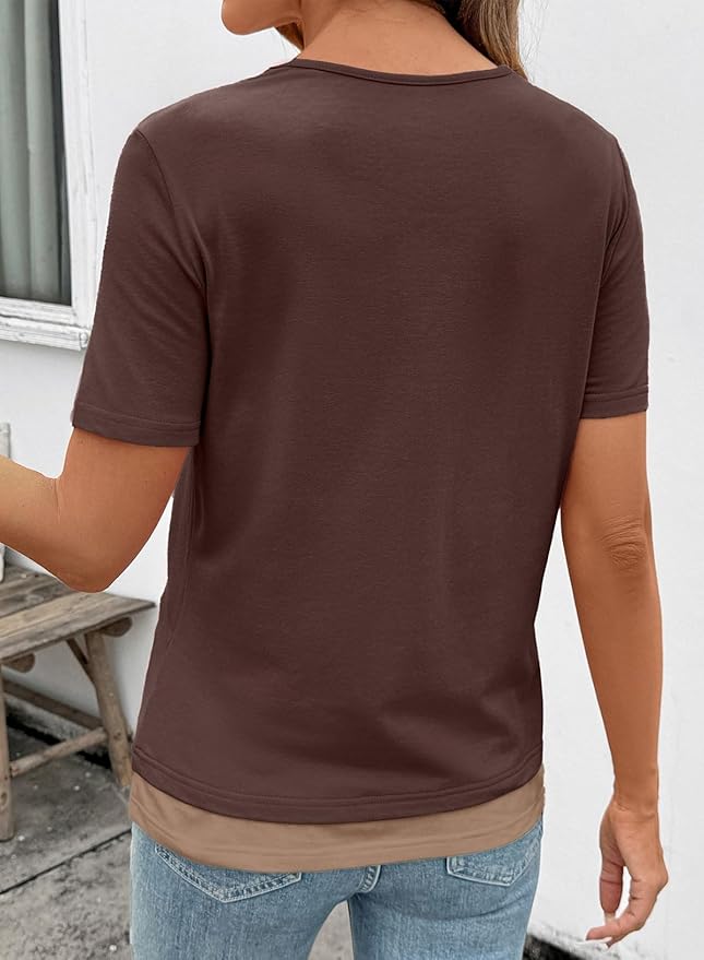 SHEWIN Womens Tops Casual Crewneck Color Block Short Sleeve Mock Double Layer T-Shirt Summer Outfits for Women 2026