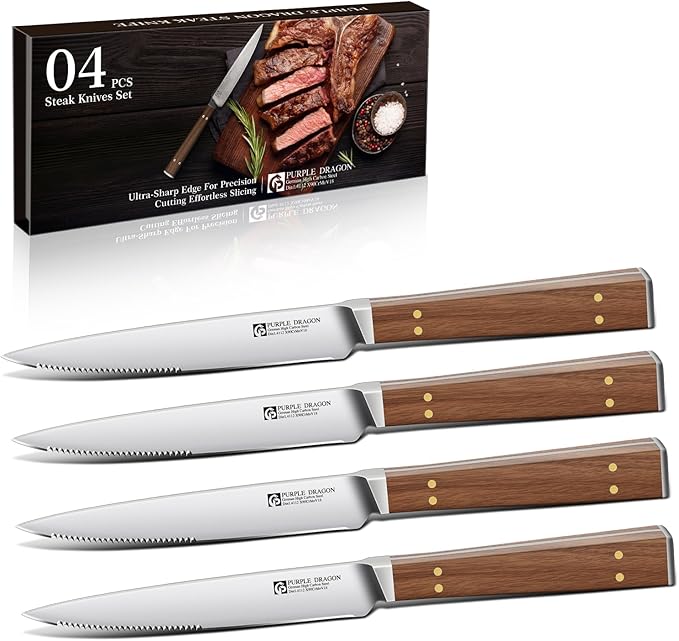 Purple Dragon Serrated Steak Knives Set of 4 - High Carbon German Steel Steak Knife Set with Square Wooden Handle - Effortless Cutting - Christmas Gift for Men and Women