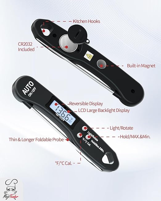 Digital Food Thermometer with Fast 1-Second Reading, 짹1째F Accuracy, -58째F to 572째F Range | Foldable Probe, Magnetic Back, Backlit LCD, Auto-Off for Grilling, Baking, Smoking