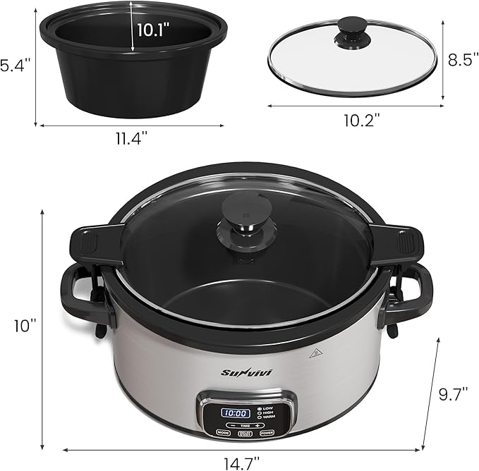 4QT Programmable Slow Cooker with Removable Ceramic Pot, Locking Lid, 3 Heating Settings & Timer, Dishwasher-Safe, Stainless Steel Silver