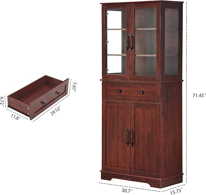71'' Tall Pantry Cabinet with Glass Doors,Modern Kitchen Pantry Cabinet with 3 Adjustable Shelves and a Drawer, LED for Better Showcase,for Dining Room and Kitchen,Wine Red