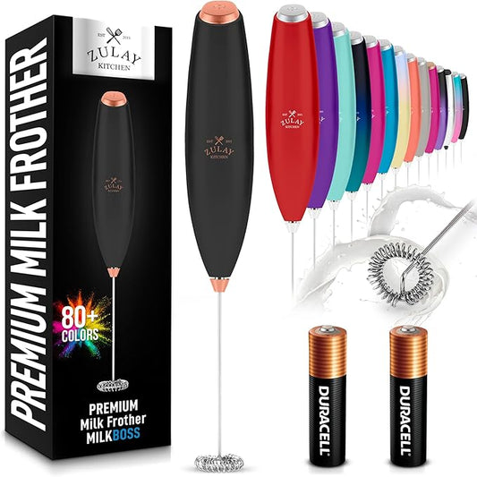 Zulay Kitchen Milk Frother Handheld Electric Whisk with AA Duracell Batteries ??Durable Drink Mixer for Coffee, Lattes, Cappuccinos & More - Black Copper