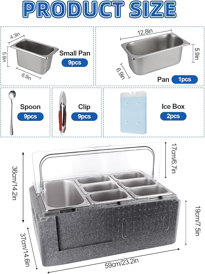 Lanstics Pizza Topping Station 10 Pans Salad Bar Buffet Station Insulated Cold Food Buffet Server with Ice Packs Lids Buffet Containers Set Platter Box for Party Buffet Keeping Food Cold
