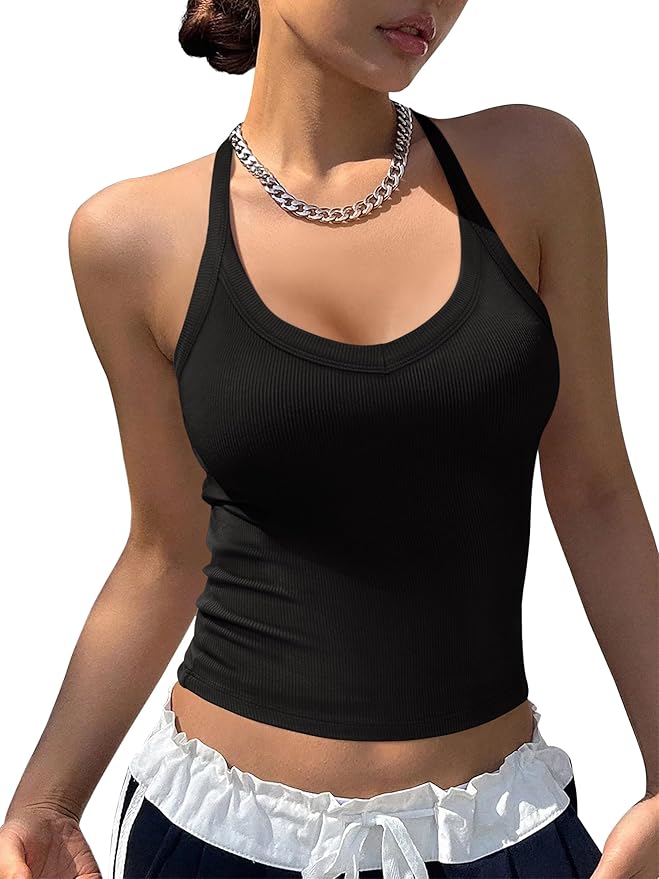 REORIA Womens Backless Halter Tank Top Sleeveless V Neck Fitted Camisole