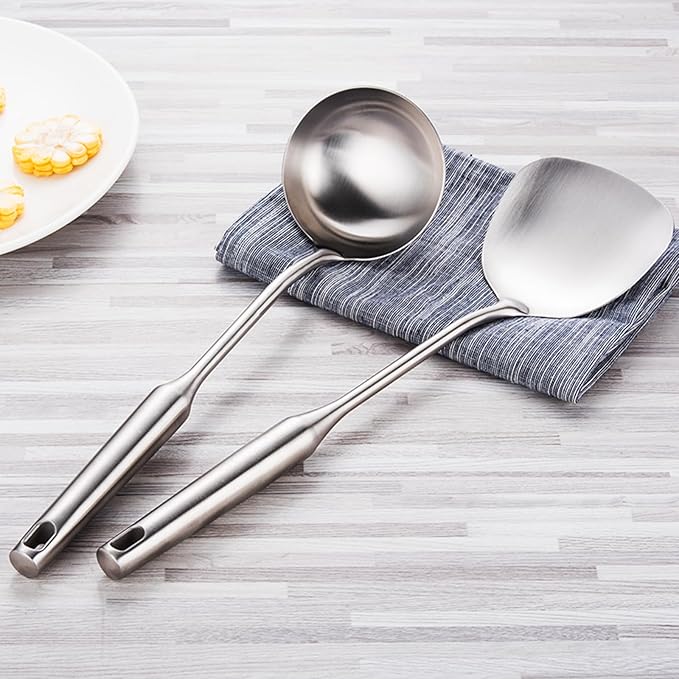 304 Stainless Steel Cooking Utensil Set 4-Piece Kitchen Utensils with Extra-Long Handles, Spatula,Ladle,Slotted Spoon,Slotted Spatula,One-Piece Construction, Ideal for Wok, Grilling, and Gifting