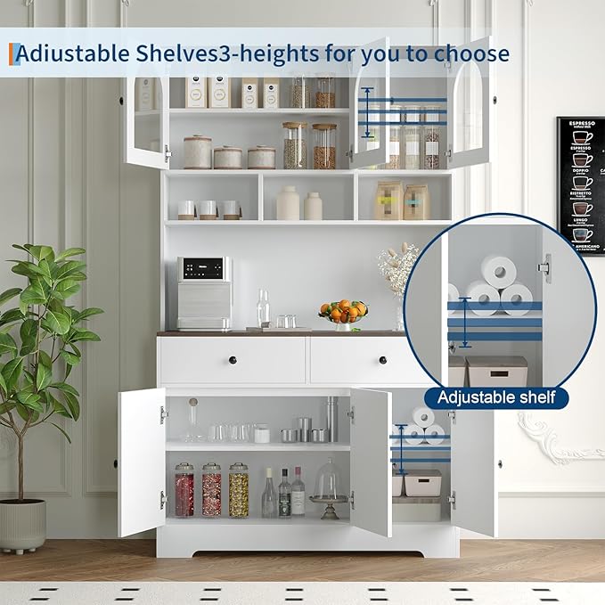 Garvee Kitchen Pantry Cabinet with Open Storage Shelves, 71" Tall Food Pantry Cabinet, Farmhouse Freestanding Kitchen Hutch with Countertop Glass Door Display & Charging Station for Dining Room