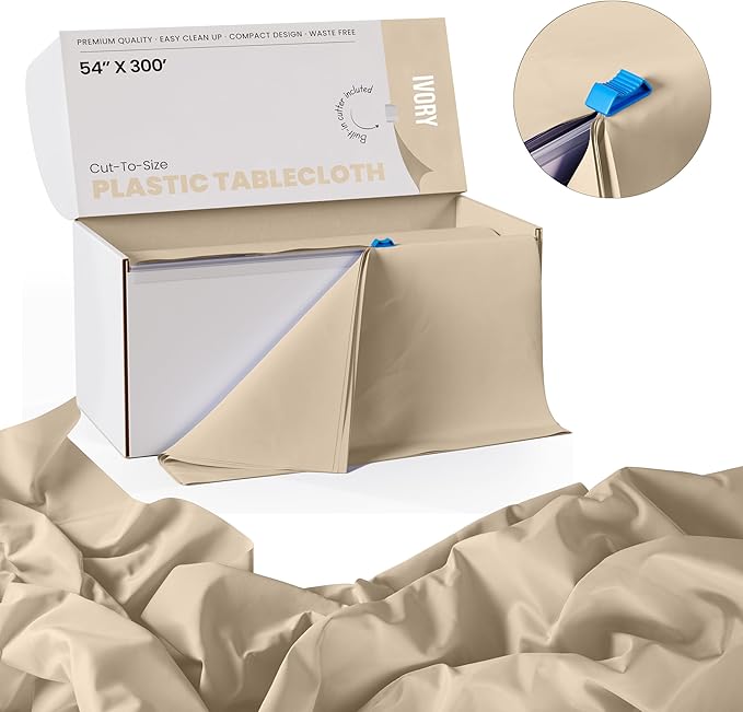 Party Solids 54 Inch X 300 Feet Ivory Plastic Table Cover Roll in A Cut - to - Size Box with Convenient Slide Cutter. Cuts Up to 36 Rectangle 8 Feet Plastic Disposable Tablecloths