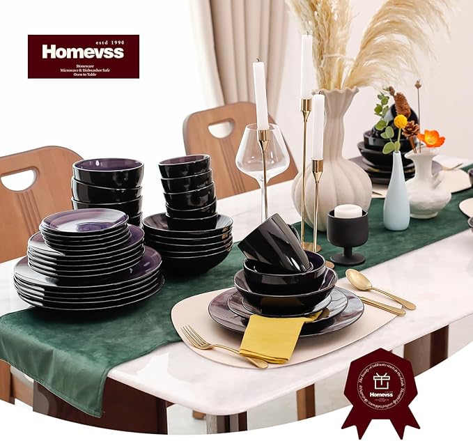 Sonoma 56-Piece Dinnerware Set - Serves for 8, Black and Speckled Purple Plates & Bowls Set | Microwave & Dishwasher Safe | Sonoma Style, Purple