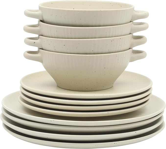 Gibson Elite Clover Hill 12-Piece Stoneware Dinnerware Set ??White Cream Embossed Plates and Bowls with Matte Speckled Reactive Glaze, Service for 4 ??Microwave & Dishwasher Safe