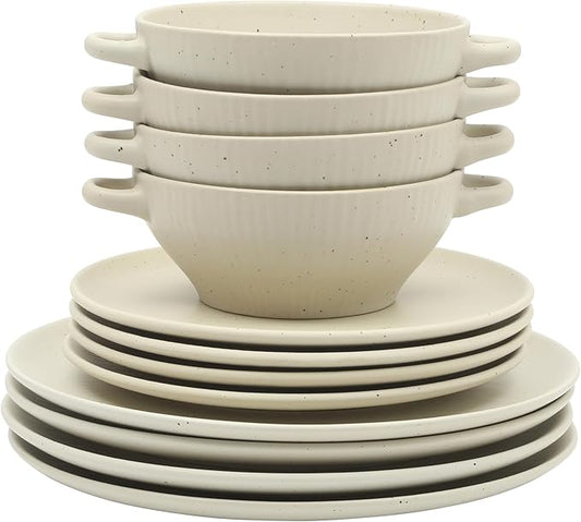 Gibson Elite Clover Hill 12-Piece Stoneware Dinnerware Set ??White Cream Embossed Plates and Bowls with Matte Speckled Reactive Glaze, Service for 4 ??Microwave & Dishwasher Safe