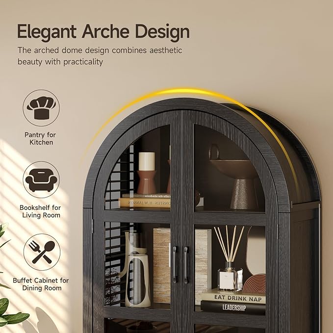ONBRILL 71" Tall Arched Cabinet, 5-Tier Arched Kitchen Pantry with Glass Doors & Shelves, Modern Display Arch Cabinet with Adjustable Feet, Wooden Pantry for Living Room, Dining Room (Black)