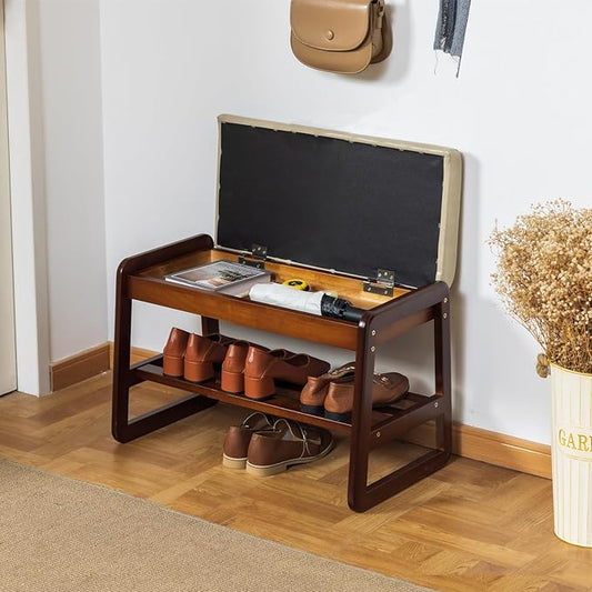 SOBIBO Solid Wood Shoe Bench, 2-Tier Entryway Bench with Cushion and Flip-Open Storage Box, Mid-Century Modern Shoe Bench Rack for Hallway, Mudroom(Gray, 21.65'')