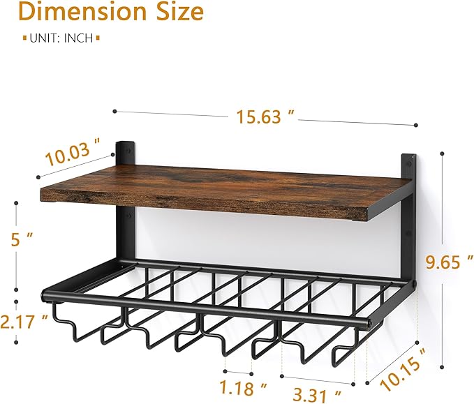 2 Tiers Wine Rack Wall Mounted with Wine Bottle Holder & Wine Glass Rack, Bar Shelves for Liquor Bottles, Hanging Wine Rack, Wine Storage Display Rack Shelf for Home Bar,Dining Room,Kitchen,Rustic