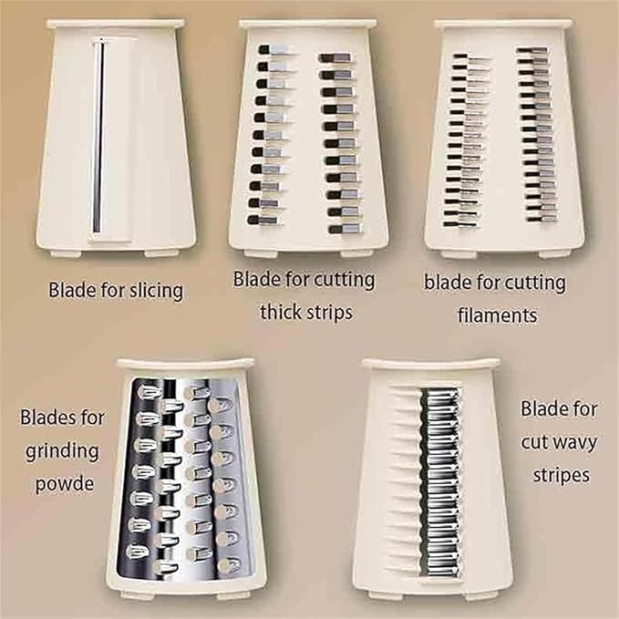 5 in 1 Round Slicer & Rotary Cheese Grater - Hand Crank Vegetable Shredder with Suction Base, 5 Blades for Cheese, Nuts & Vegetables, Easy Clean & Safe Kitchen Mandoline Slicer Chopper (White)