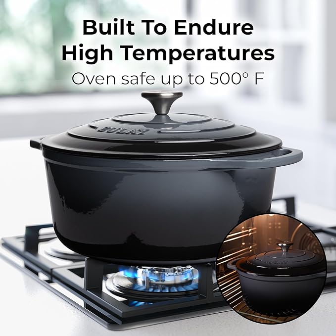 Zulay Kitchen 7.7 Quart Enameled Cast Iron Dutch Oven Pot with Lid ??Premium Durability & Oven Safe up to 500째F ??Heavy Duty Cookware Perfect for Bread Baking, Stews, Braising & Roasting ??Gray