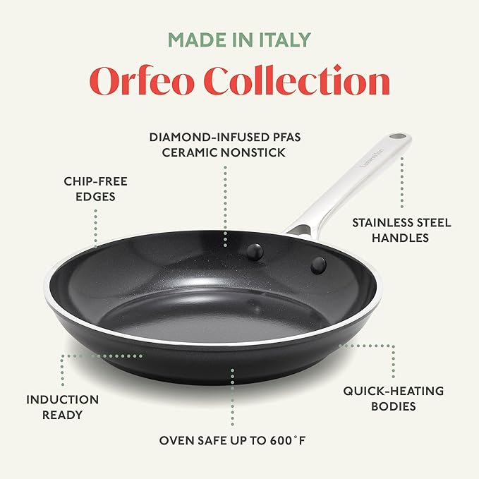 Orfeo 8??Nonstick Frying Pan Skillet, Made in Italy, Diamond Ceramic PFAS-Free Cookware, Induction Ready, Scratch Resistant, Laser-Fused Surface for Durability, Dishwasher Safe, Black