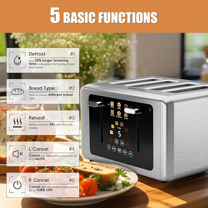 WHALL Touch Screen Toaster 4 Slice, Smart Digital Toaster with 1.5" Wide Slots, 6 Shade Settings & 6 Bread Types, Memory Function, Countdown Timer, Brushed Stainless,Ideal Kitchen Gift & Essential