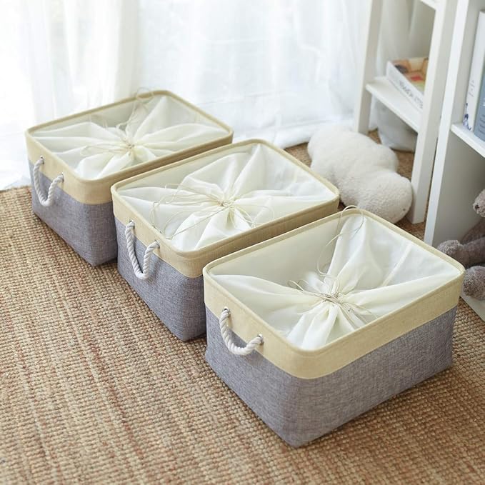 TheWarmHome Storage Baskets for Organizing, Extra Large-3Pack, 17.7L횞13.8W횞9.8H inch Large Sturdy Storage Bins, Decorative Storage Baskets for Shelves Closet Nursery (Gold&Grey)