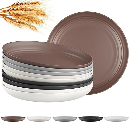Quatish 10 PCS Unbreakable Reusable Plastic Plates,8 inch Dishwasher & Microwave Safe Dinner Plate, Easy-to-Clean Lightweight,Portable for Kitchen & Picnics Wheat Straw Plates（Brown）