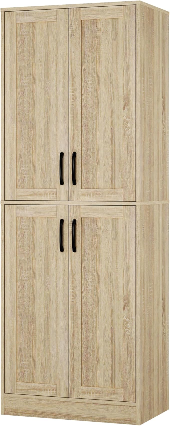 Pantry - Kitchen Pantry Cabinet with 4 Doors and Adjustable Shelves, Tall Black Cabinet Freestanding Storage Cupboard for Dining Room Living Room, Laundry, Bathroom (Natural)