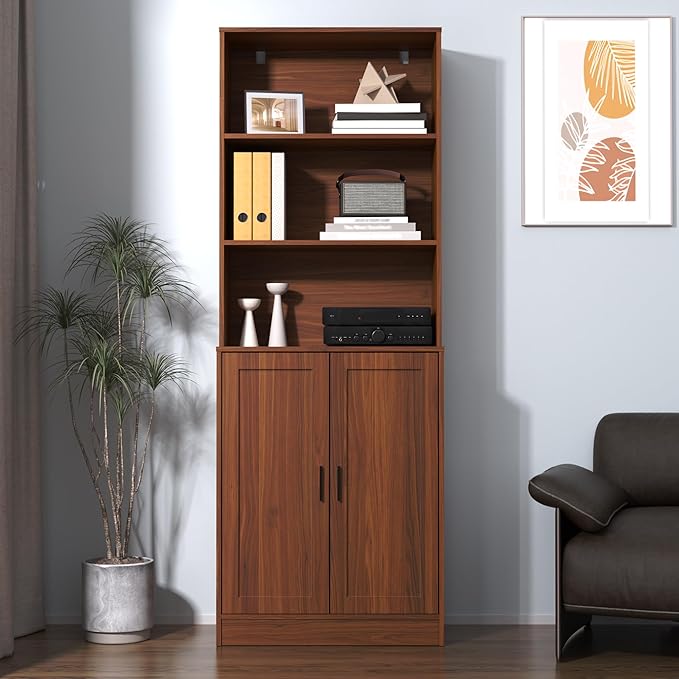 75" Tall Bookcase with Doors, 5 Tier Large Bookshelf with Cabinet, Standing Wood Display Book Shelf for Living Room, Office, Library with Doors, Brown
