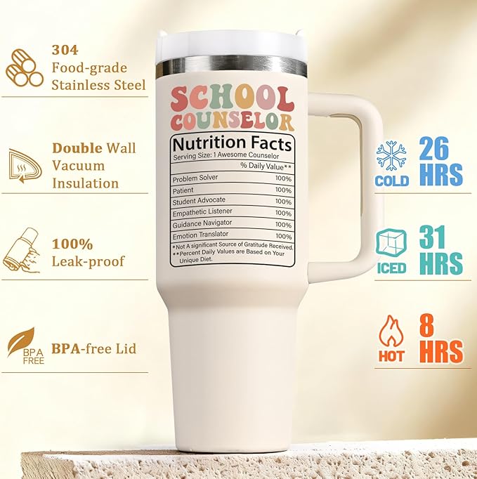Lifecapido School Counselor Appreciation Gifts, 40oz Shape Little Minds Insulated Tumbler with Lid & Straw, School Counselor Gifts for Appreciation Week Christmas(Cream)