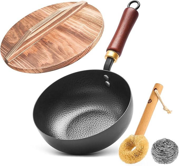 WANGYUANJI 8 Inch Hammered Iron Stir Fry Pan for 1?? Servings, Removable Beechwood Handle, Traditional Small Wok for Searing, Saut챕ing, Stir-Frying ??Non-Coated, Stovetop Compatible