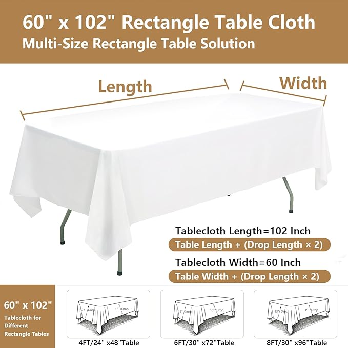 ITWMTTO 10-Pack White Tablecloths Rectangular 60x102 Inch - Heavy-Duty Polyester Fabric Table Cloth Rectangle Table Cover for Rectangle Tables - Reusable & Washable