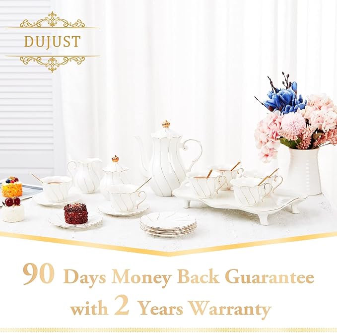 DUJUST 6 pcs Porcelain Tea Saucer, 6 inch, Luxury British Style Tea/Coffee Cup Saucer with Golden Trim, Beautiful for Living Room Decor, Party Set, Gift Package - White