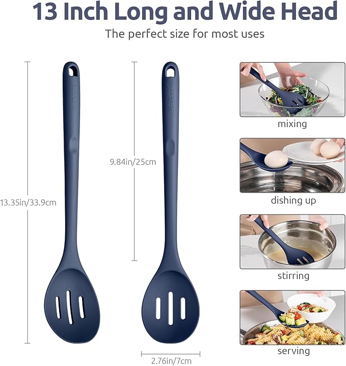600쨘F Heat Resistant Silicone Spoon: U-Taste 13.3in Solid Kitchen Cooking Spoon, Nonstick Food Grade Large Soup Rubber Utensil for Mixing, Serving, Stirring, Basting, for Pot Cookware (Midnight Blue)