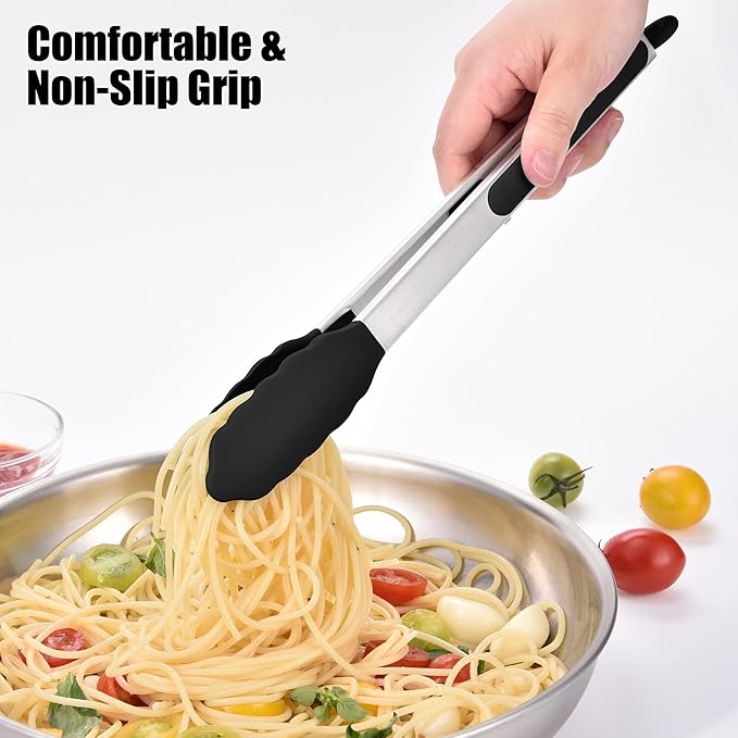 Doosu Kitchen Tongs for Cooking - 600째F Heat Resistant Food Tong with Non-Scratch Silicone Tips, Heavy Duty Stainless Steel Locking Tong for BBQ, Grilling Steak, Serving Salad, Pasta (12in, Black)